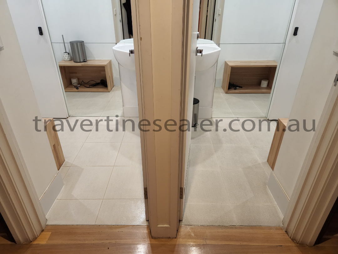  Winnellie Beautiful shiny Travertine walls and floors in the modern bathroom